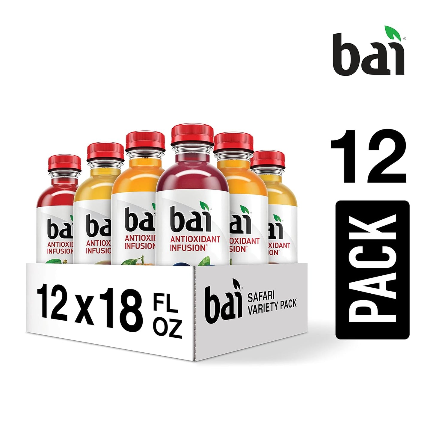 Bai Flavored Water, Safari Variety Pack, Antioxidant Infused Drinks, 3 Each of Brasilia Blueberry, Costa Rica Clementine, Malawi Mango, Zambia Bing Cherry,18 Fl Oz Bottles (Pack of 12)(Package may vary)