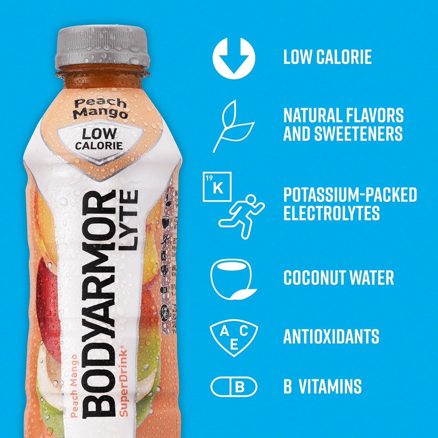 BODYARMOR LYTE Sports Drink Low-Calorie Sports Beverage, Peach Mango, Coconut Water Hydration, Natural Flavors With Vitamins, Potassium-Packed Electrolytes,...