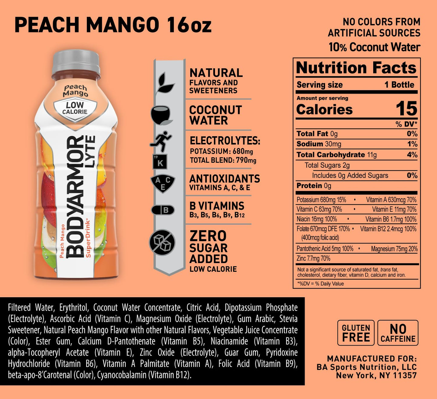 BODYARMOR LYTE Sports Drink Low-Calorie Sports Beverage, Peach Mango, Coconut Water Hydration, Natural Flavors With Vitamins, Potassium-Packed Electrolytes,...