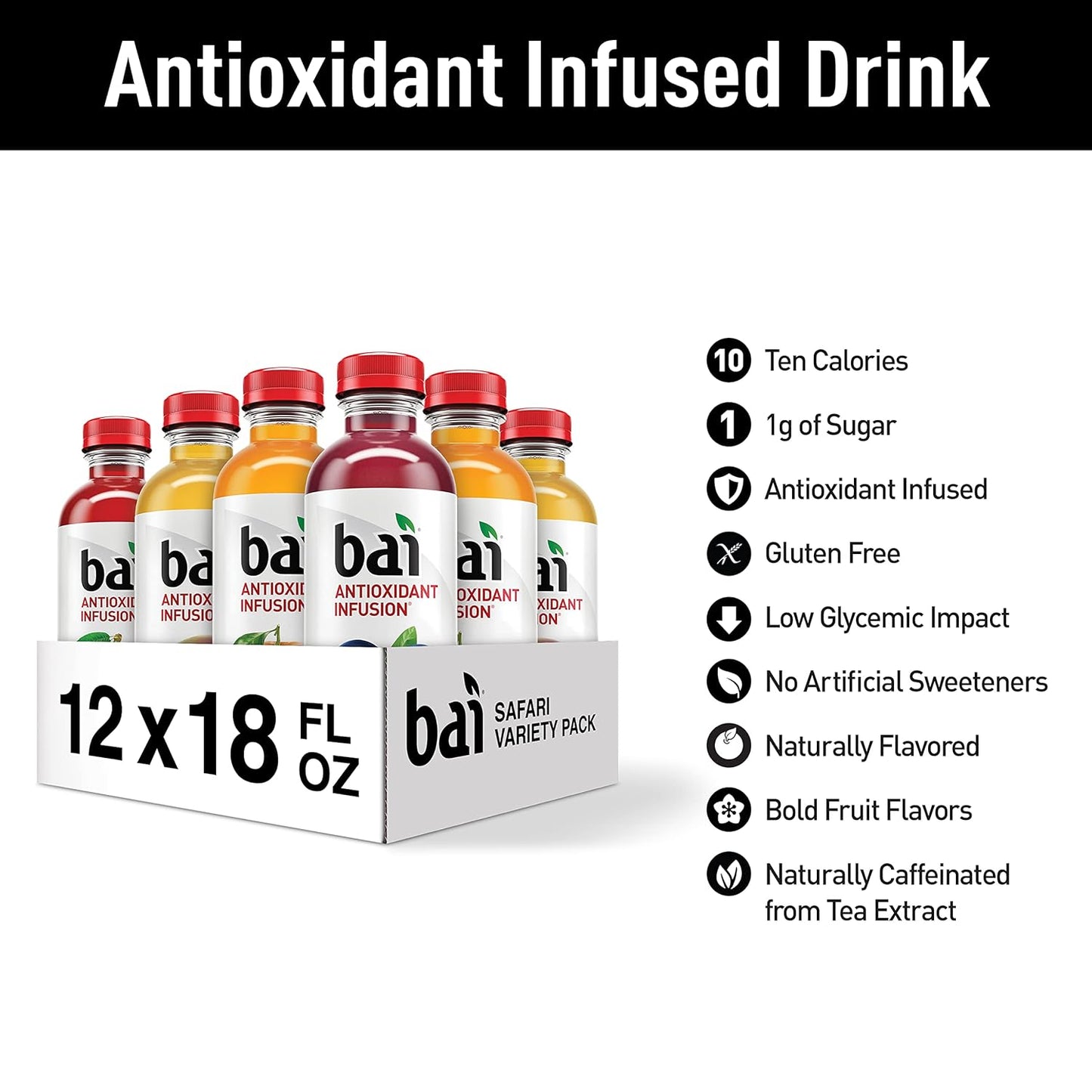 Bai Flavored Water, Safari Variety Pack, Antioxidant Infused Drinks, 3 Each of Brasilia Blueberry, Costa Rica Clementine, Malawi Mango, Zambia Bing Cherry,18 Fl Oz Bottles (Pack of 12)(Package may vary)