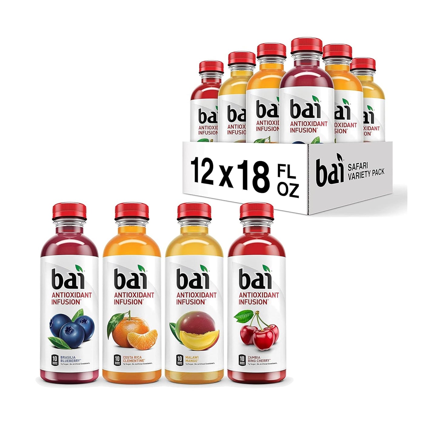 Bai Flavored Water, Safari Variety Pack, Antioxidant Infused Drinks, 3 Each of Brasilia Blueberry, Costa Rica Clementine, Malawi Mango, Zambia Bing Cherry,18 Fl Oz Bottles (Pack of 12)(Package may vary)