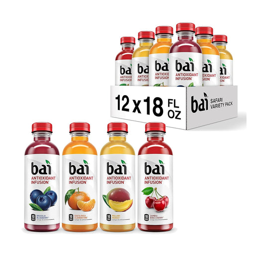 Bai Flavored Water, Safari Variety Pack, Antioxidant Infused Drinks, 3 Each of Brasilia Blueberry, Costa Rica Clementine, Malawi Mango, Zambia Bing Cherry,18 Fl Oz Bottles (Pack of 12)(Package may vary)